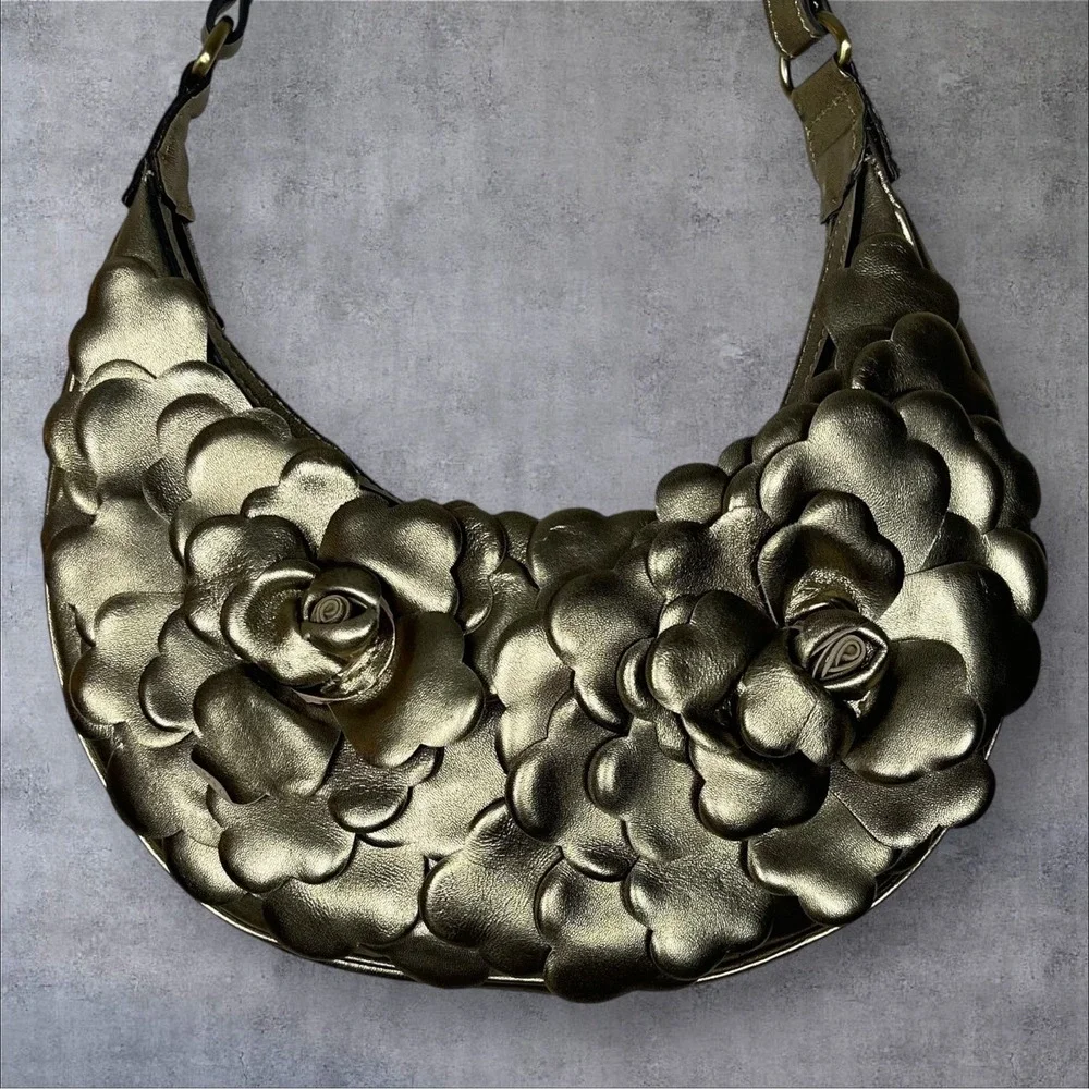 Patricia Nash Coley Antique Gold 3D Rose Petal Crescent Shoulder Bag Retired Y2K